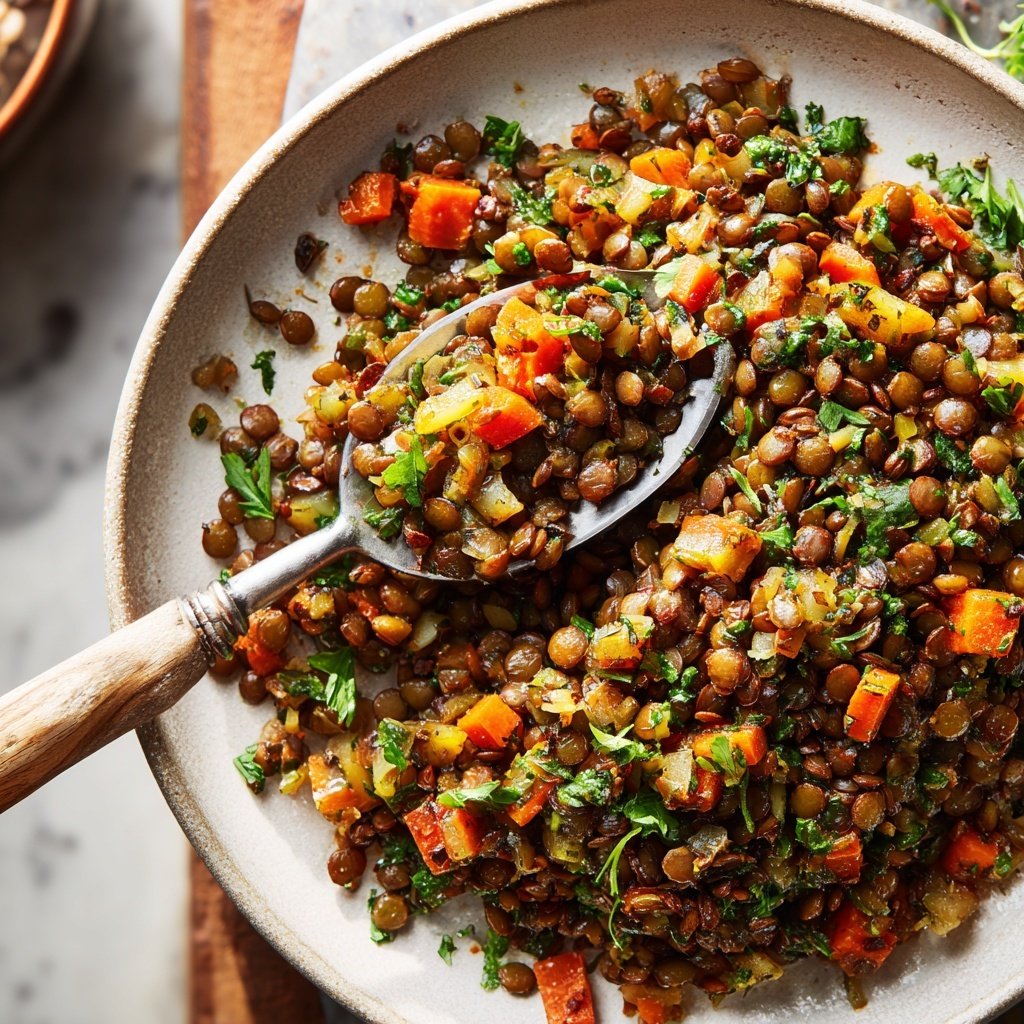 Mittagessen mit Linsen und Gemüse